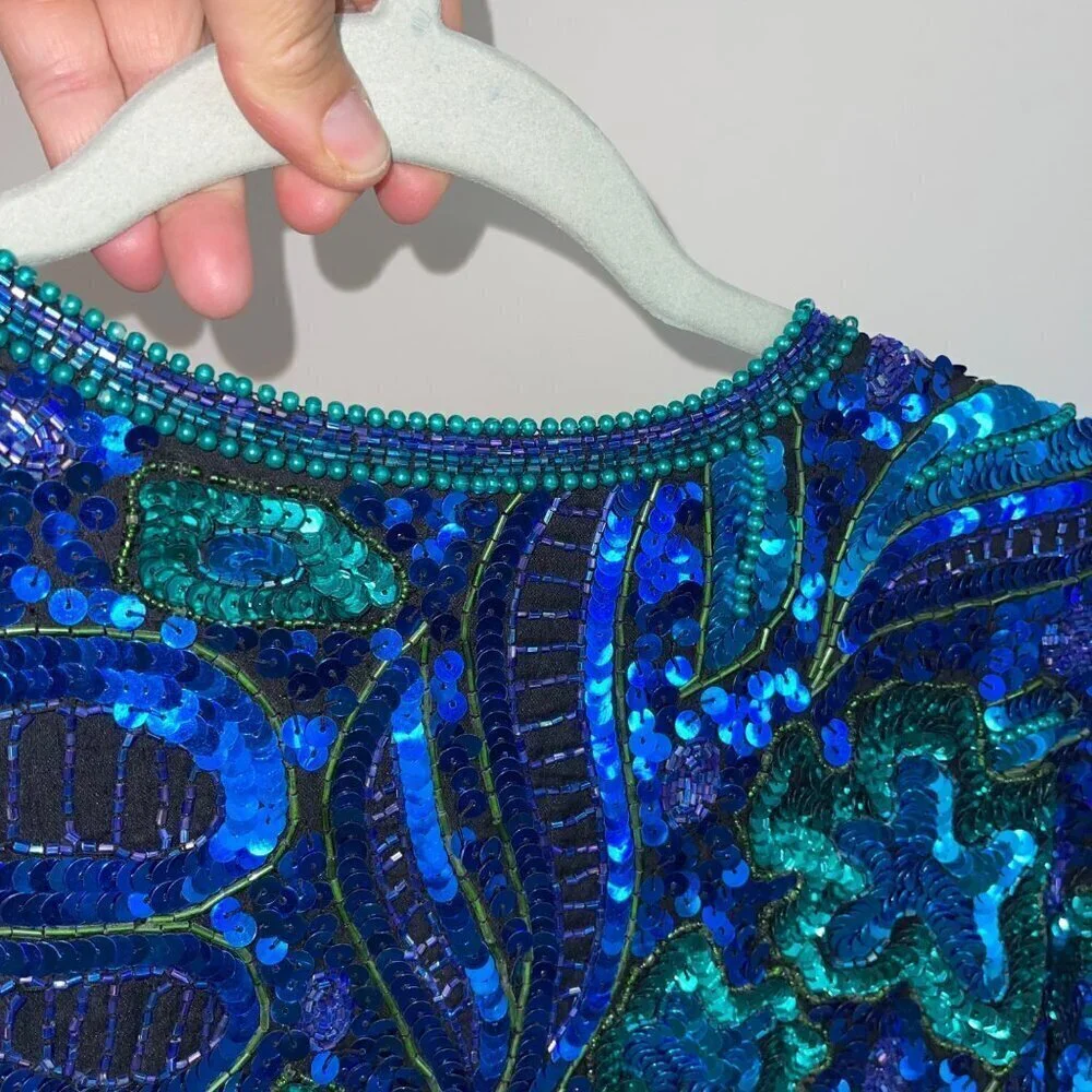 Laurence Kazar Vintage Womens Jacket Size Large Blue Sequin Long Sleeve - Picture 8 of 10